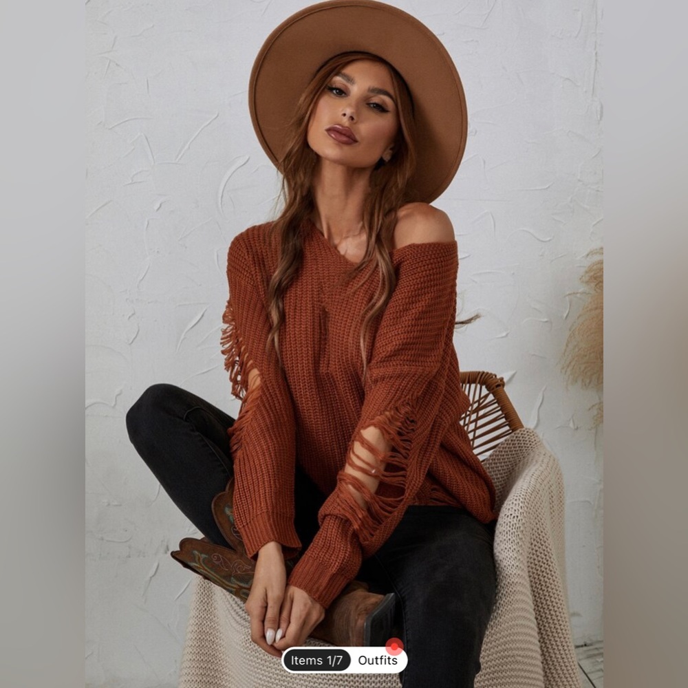 High Low Hem Drop Shoulder Distressed Sweater